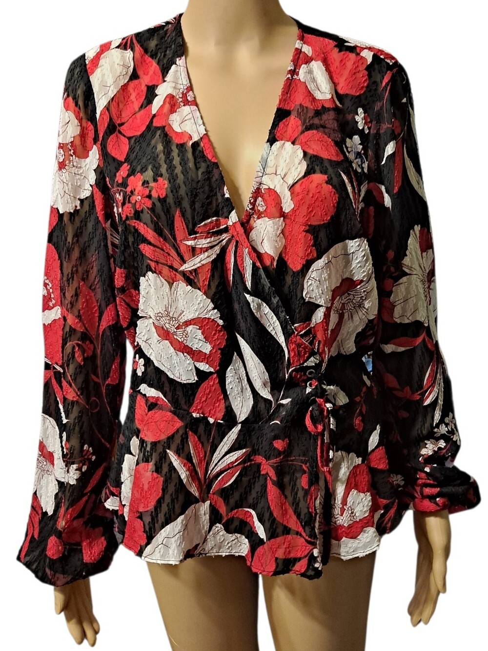 Guess Black Floral Faux Wrap Top with Red and White Blooms